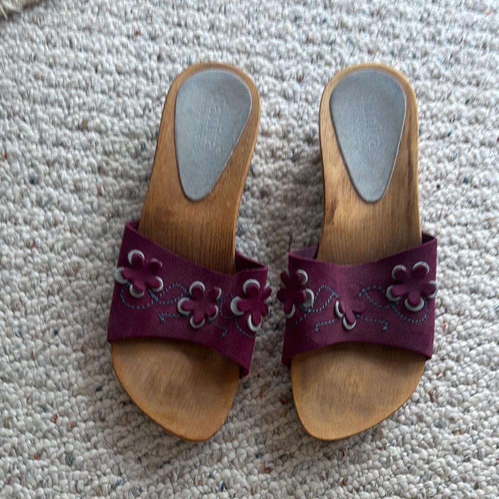 Sanita Purple Suede Mules with Floral Embroidery